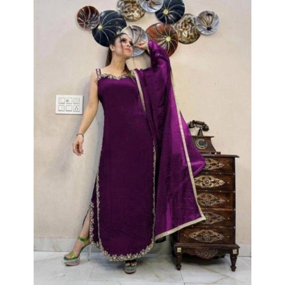 Generic Women's Georgette Embroidery Sleeveless Round Neck Kurti, Palazzo And Dupatta Set (Wine)