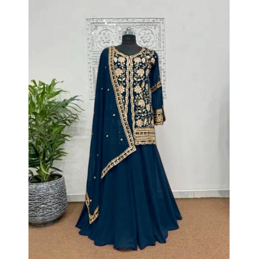 Generic Women's Georgette Embroidery 3-4th Sleeve V-Neck Kurti, Palazzo And Dupatta Set (Morpich) - Image 2