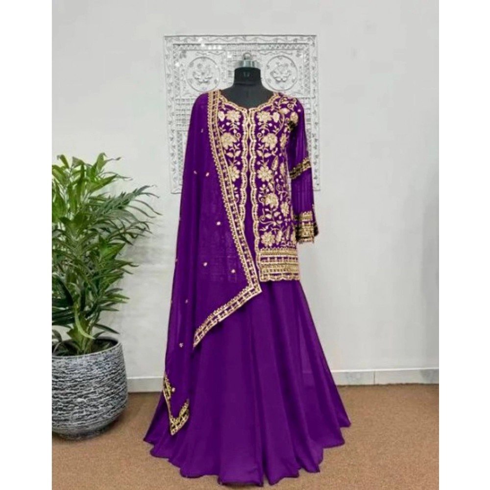 Generic Women's Georgette Embroidery 3-4th Sleeve V-Neck Kurti, Palazzo And Dupatta Set (Purple) - Image 2