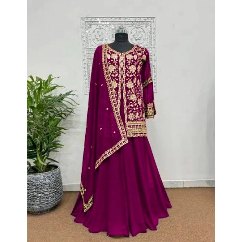 Generic Women's Georgette Embroidery 3-4th Sleeve V-Neck Kurti, Palazzo And Dupatta Set (Wine) - Image 2
