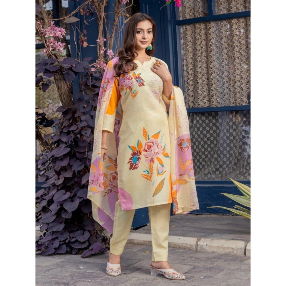 Generic Women's Cotton Blend Printed Kurti With Pant Dupatta Set (Cream) - Image 2