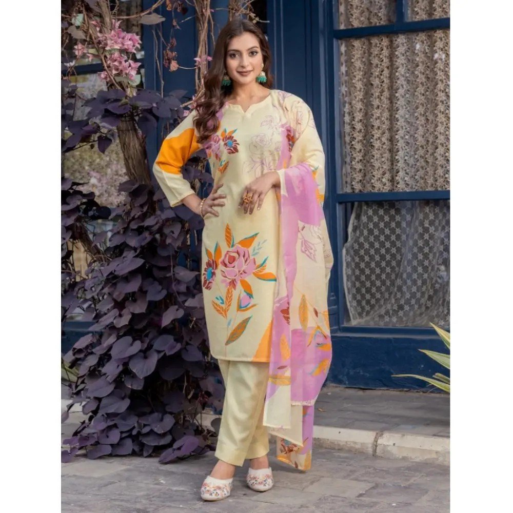 Generic Women's Cotton Blend Printed Kurti With Pant Dupatta Set (Cream) - Image 3