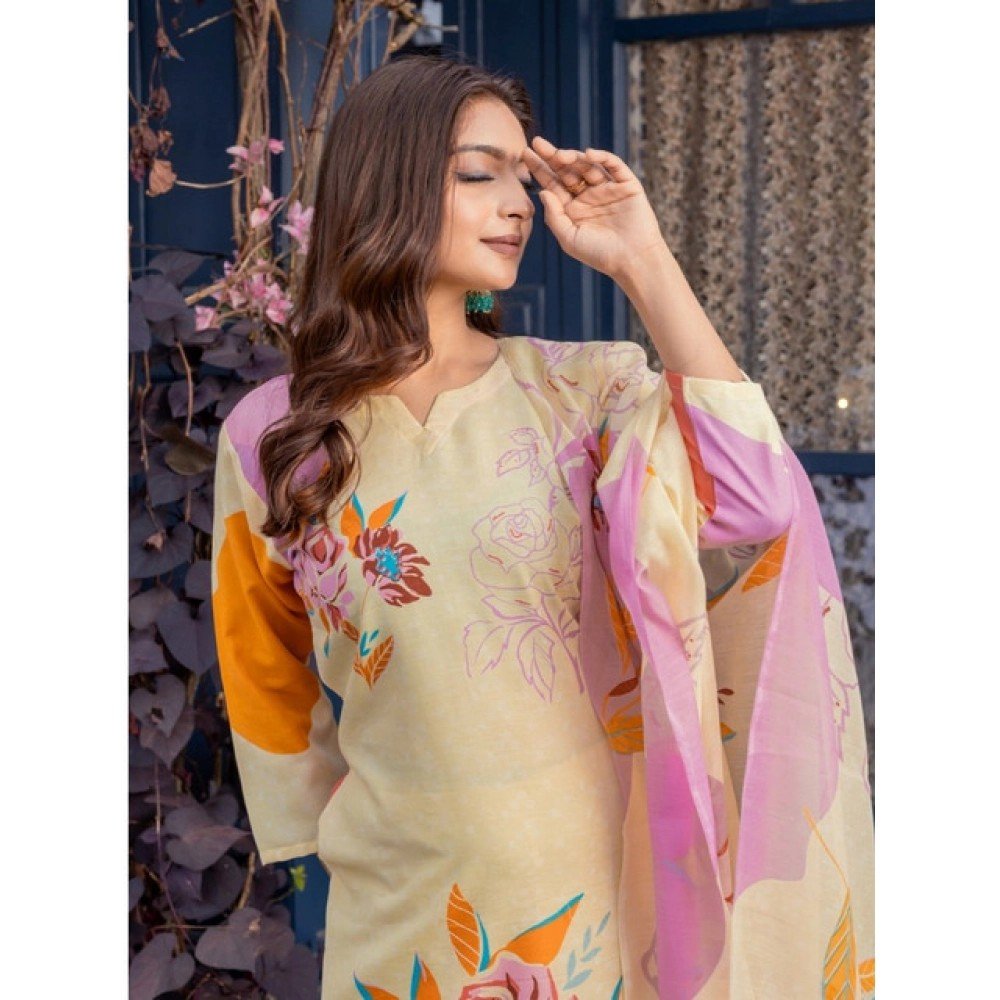 Generic Women's Cotton Blend Printed Kurti With Pant Dupatta Set (Cream) - Image 4