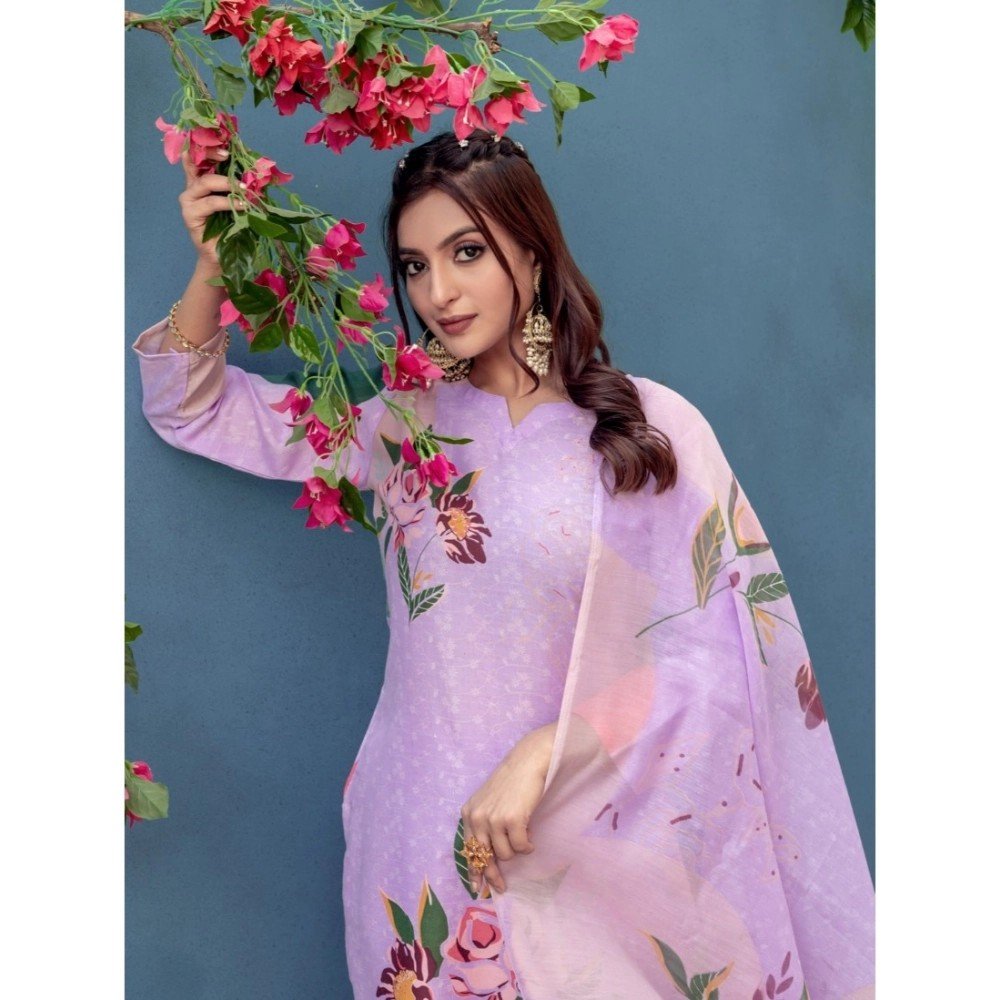 Generic Women's Cotton Blend Printed Kurti With Pant Dupatta Set (Lavender) - Image 4