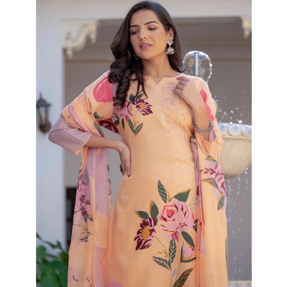 Generic Women's Cotton Blend Printed Kurti With Pant Dupatta Set (Orange) - Image 3