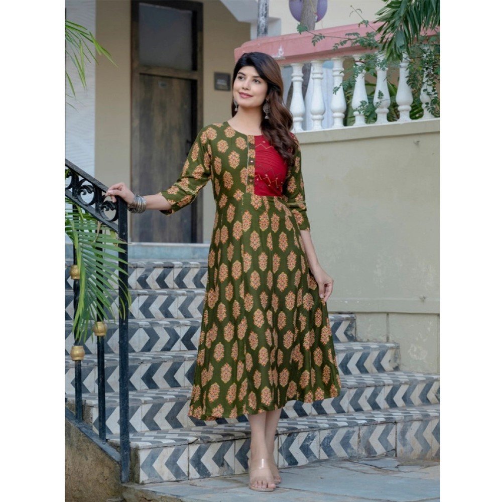 Generic Women's Rayon Print With Embroidery Work A-Line Kurti (Dark Green) - Image 3