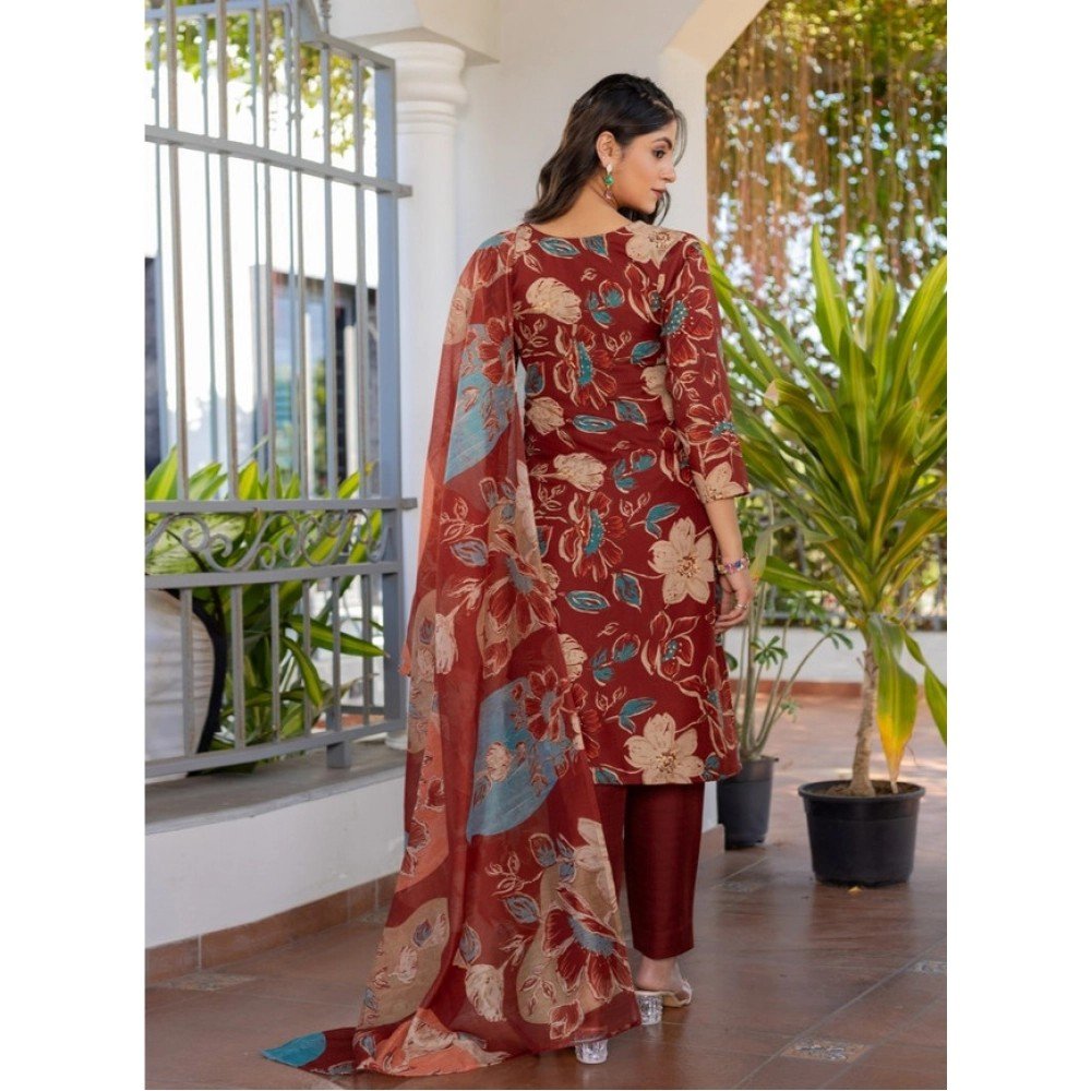 Generic Women's Cotton Blend Printed Kurti With Pant Dupatta Set (Rust) - Image 2