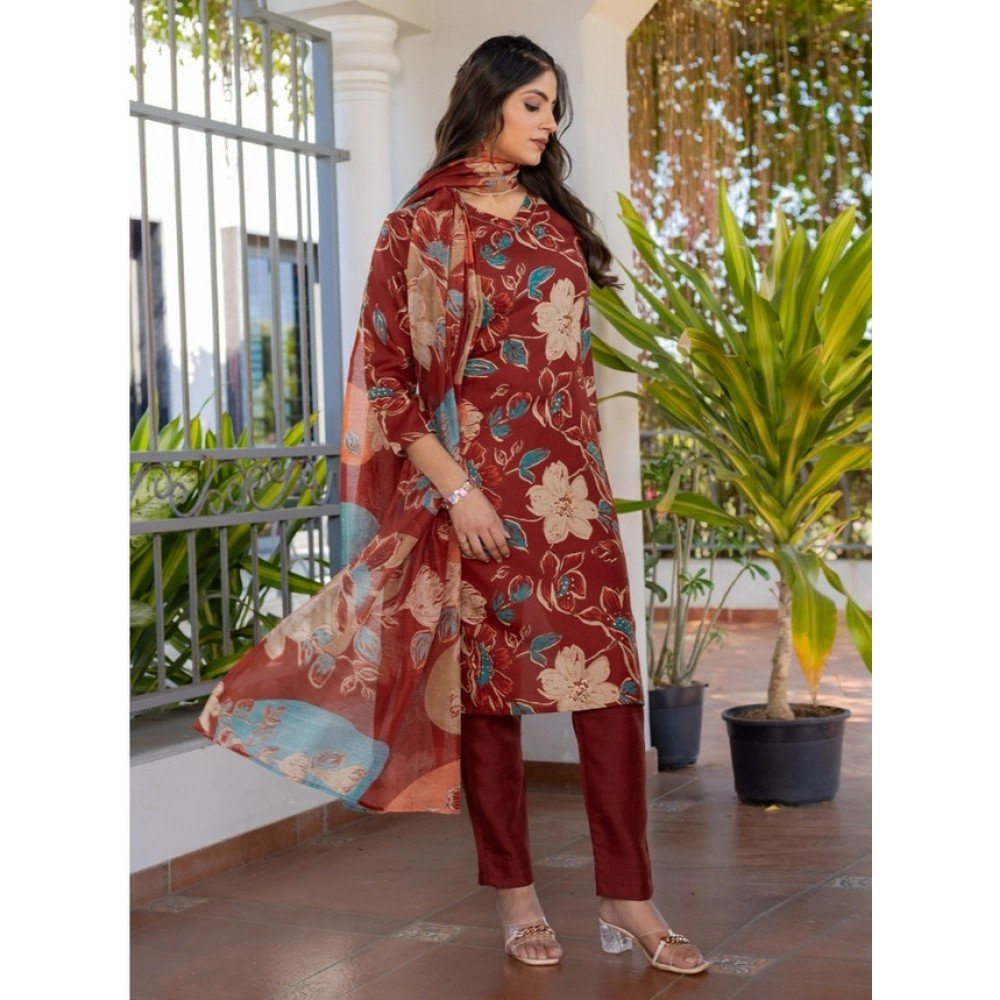 Generic Women's Cotton Blend Printed Kurti With Pant Dupatta Set (Rust) - Image 3