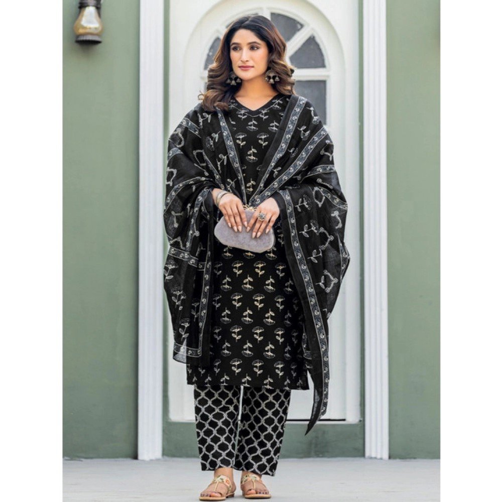 Generic Women's Cotton Blend Printed Kurti With Pant Dupatta Set (Black) - Image 3