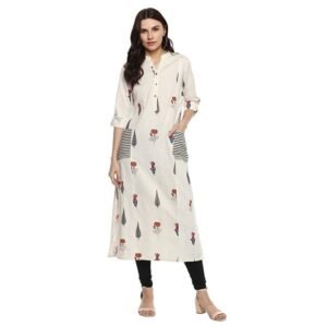 Generic Women's Khadi Printed A Line Kurti (Off White, Khadi)