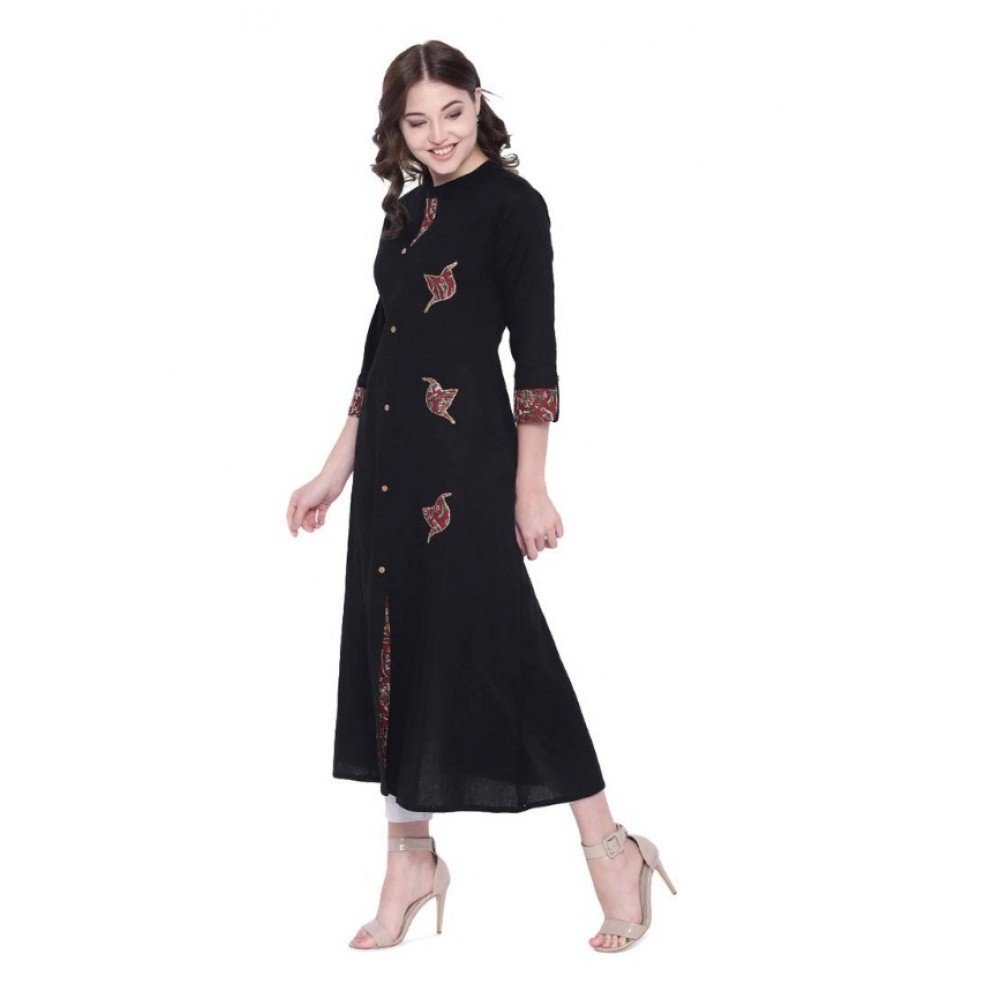 Generic Women's Khadi Printed A Line Kurti (Black, Khadi) - Image 2