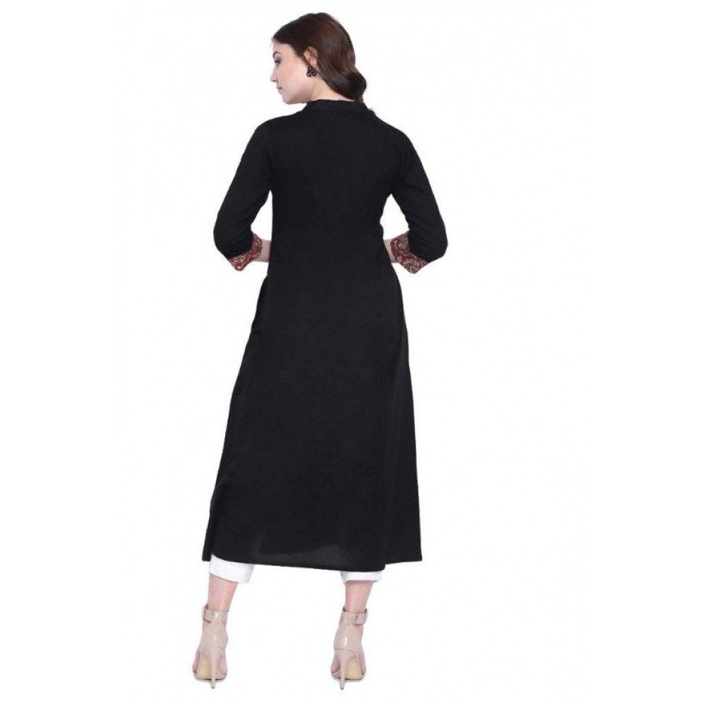 Generic Women's Khadi Printed A Line Kurti (Black, Khadi) - Image 4
