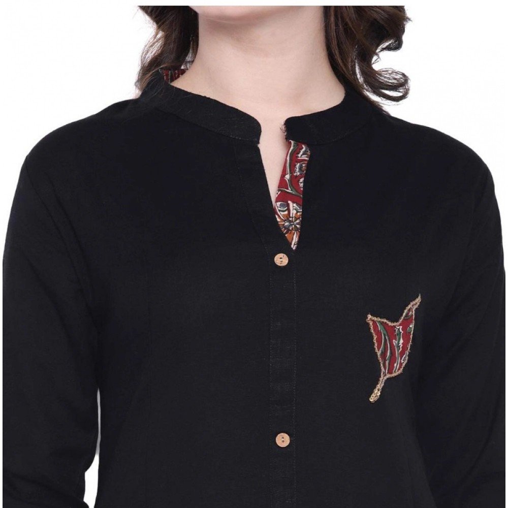 Generic Women's Khadi Printed A Line Kurti (Black, Khadi) - Image 5