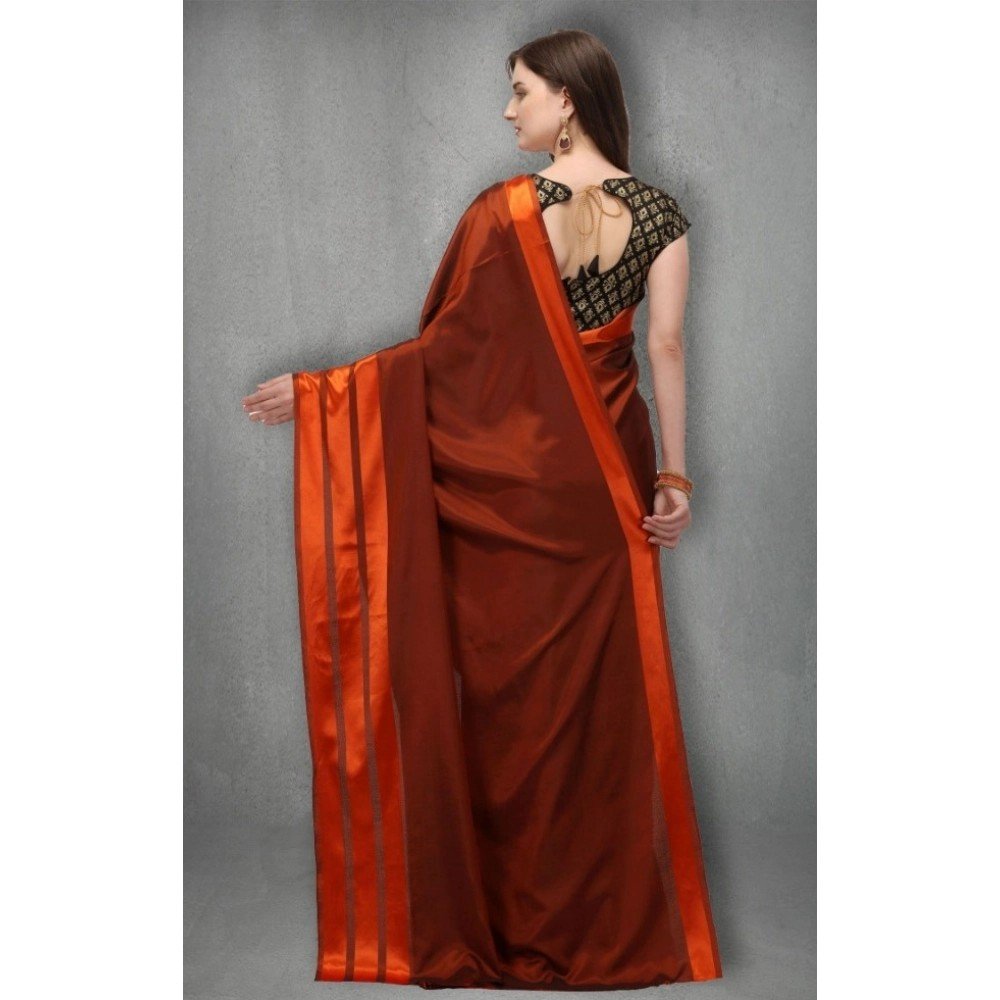 Generic Women's Satin Silk Saree with Blouse (Orange, 5-6 Mtrs) - Image 4