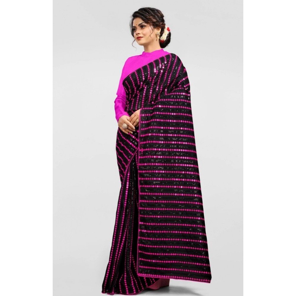 Generic Women's Vichitra Saree with Blouse (Pink, 5-6 Mtrs) - Image 2