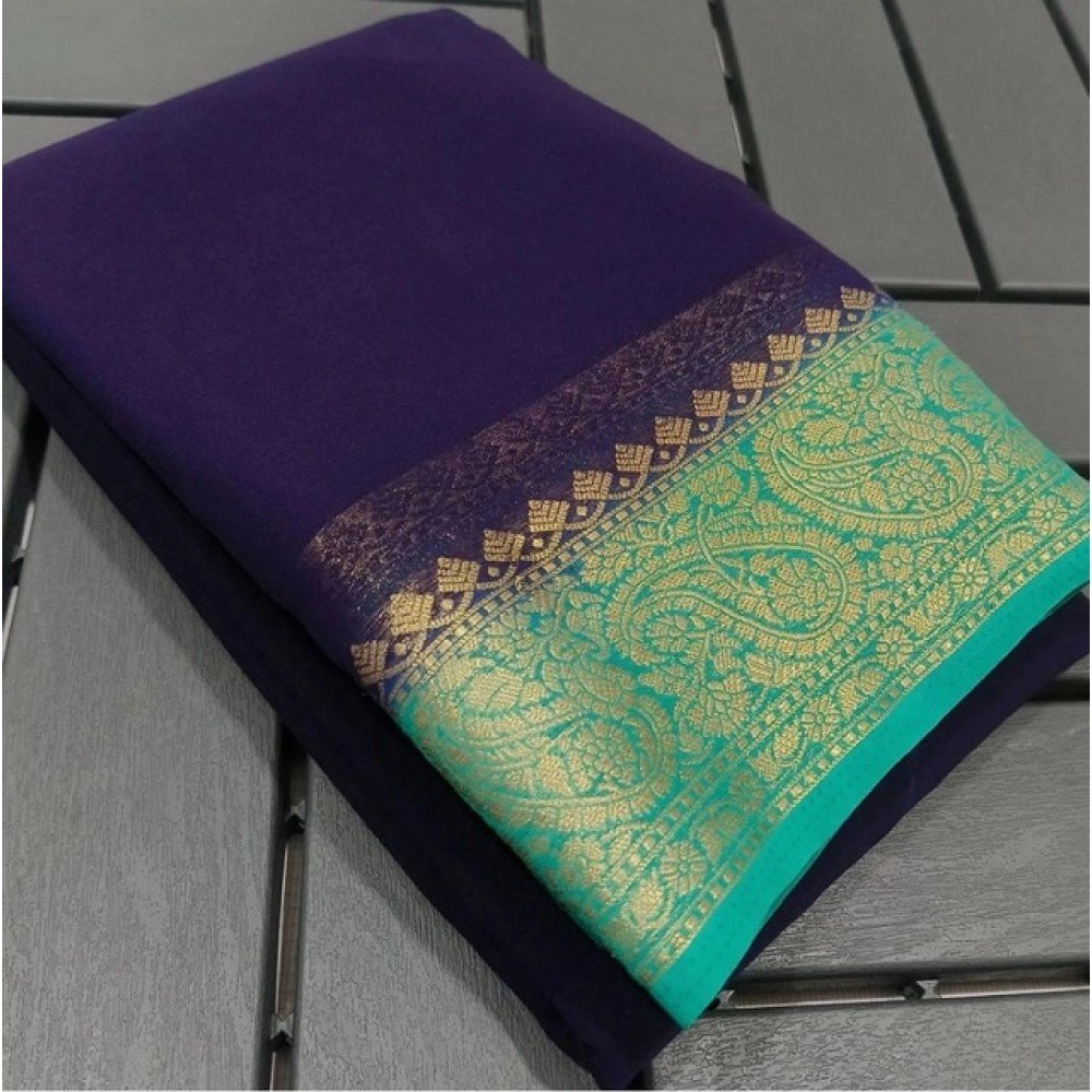 Generic Women's Crepe Chit Pallu Solid Saree With Unstitched Blouse 5.5Mtr��(Blue)