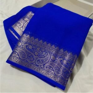 Generic Women's Crepe Chit Pallu Solid Saree With Unstitched Blouse 5.5Mtr��(Navy Blue)