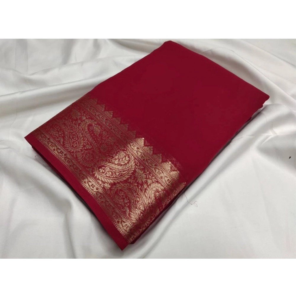 Generic Women's Crepe Chit Pallu Solid Saree With Unstitched Blouse 5.5Mtr��(Maroon)