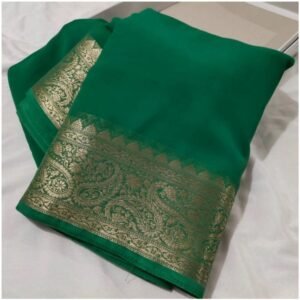 Generic Women's Crepe Chit Pallu Solid Saree With Unstitched Blouse 5.5Mtr��(Green)