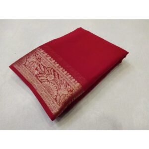 Generic Women's Crepe Chit Pallu Solid Saree With Unstitched Blouse 5.5Mtr��(Red)
