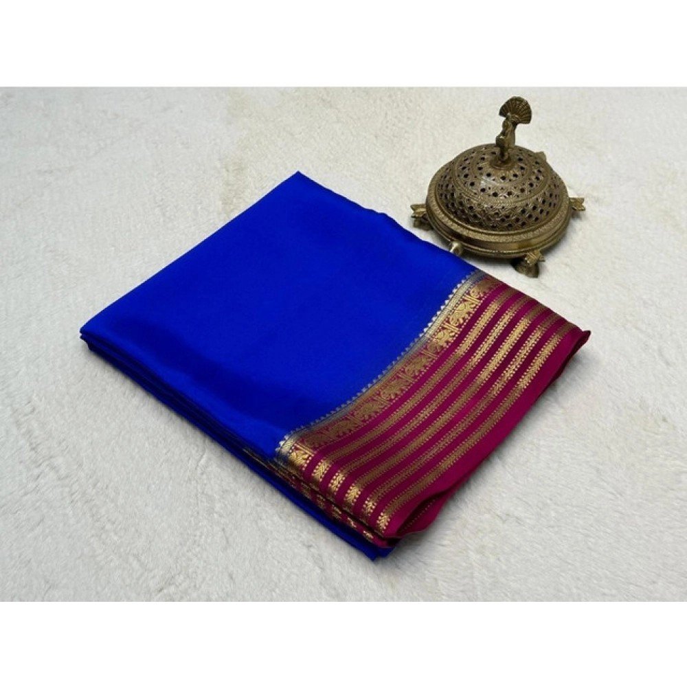 Generic Women's Crepe Chit Pallu Solid Saree With Unstitched Blouse 5.5Mtr��(Navy Blue)
