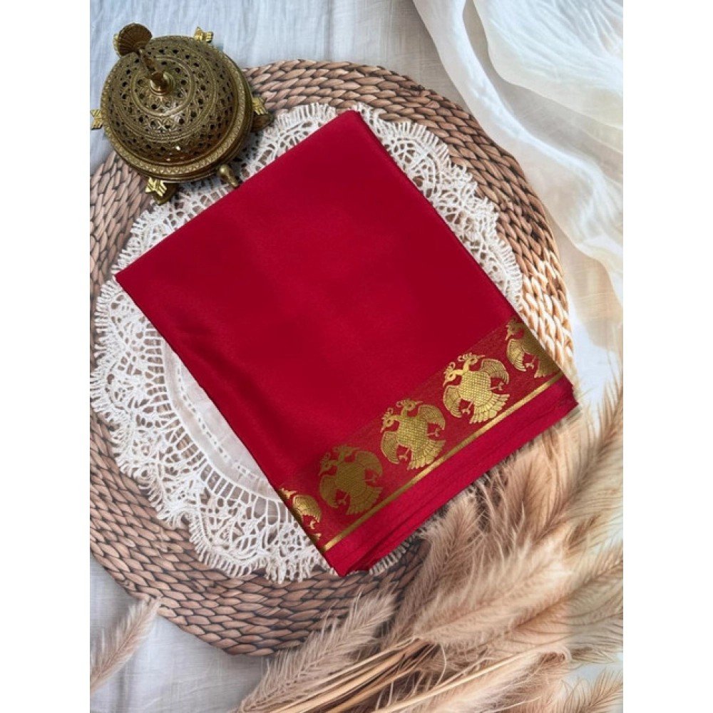 Generic Women's Crepe Chit Pallu Solid Saree With Unstitched Blouse 5.5Mtr��(Red)