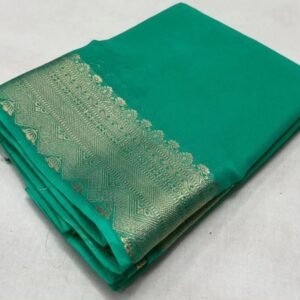 Generic Women's Crepe Chit Pallu Solid Saree With Unstitched Blouse 5.5Mtr (Turquoise Green)