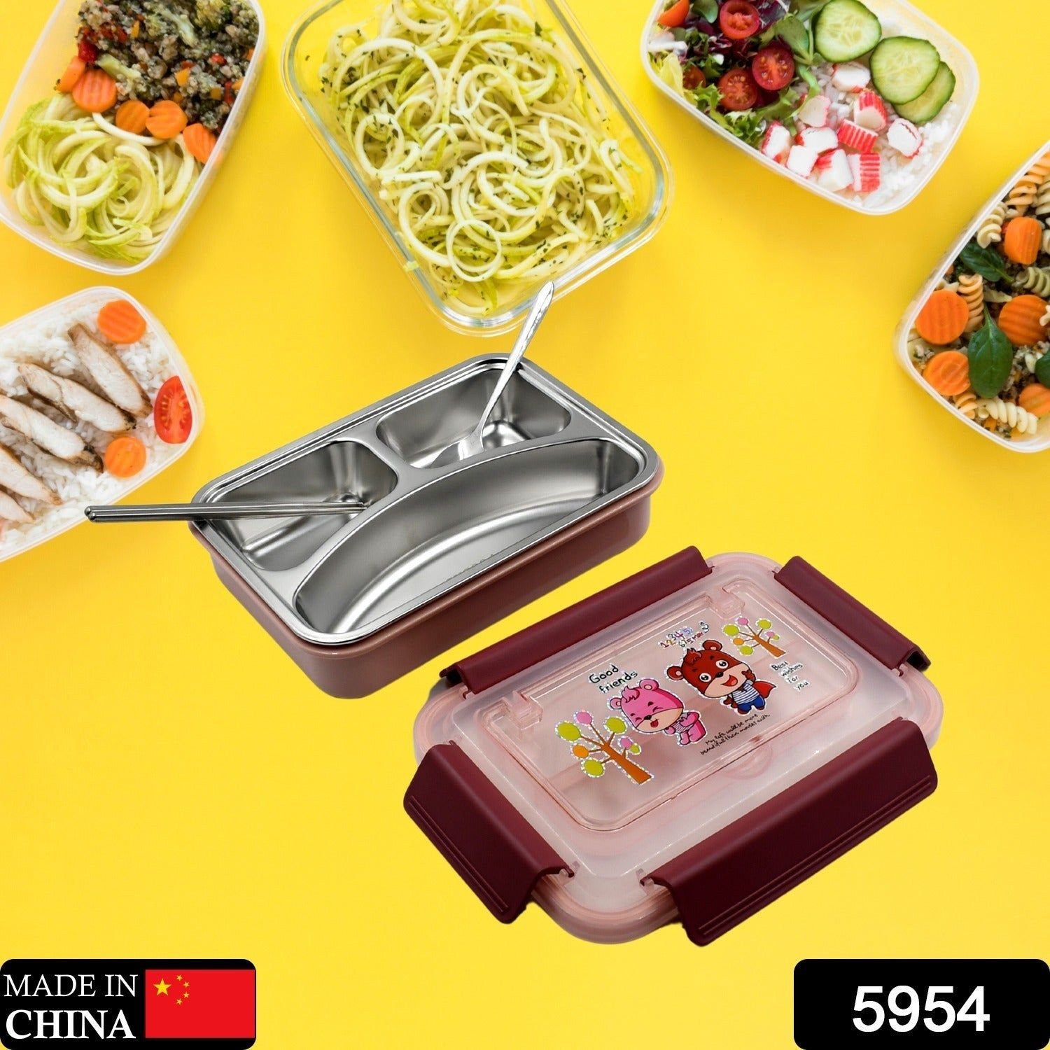 Food‑Safe Materials Kids Lunch Box With steel Spoon & chopsticks Compartment is Designed Made of 304 Stainless Steel Easy to Clean for School for Camping for Work for Home, Office - Image 2