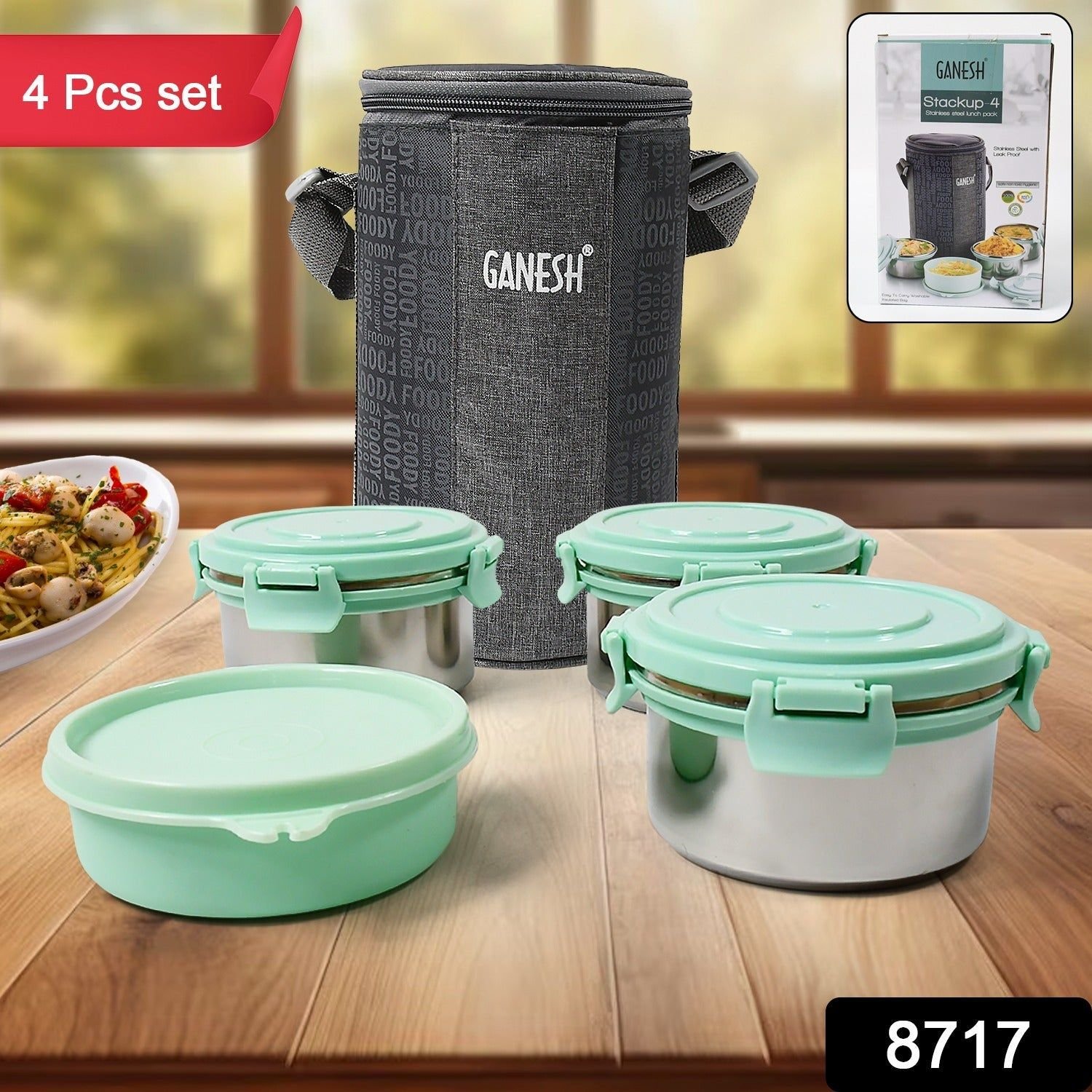 Ganesh 4In1 Tiffin Box-Lunch Box | 3 Stainless Steel Containers 300 Ml Approx & Plastic Salad Container 200 Ml Approx| Plastic lid Box | Round Zip Bag | Leak Proof | Microwave Safe for Office, College and School for Men, Women - Image 2