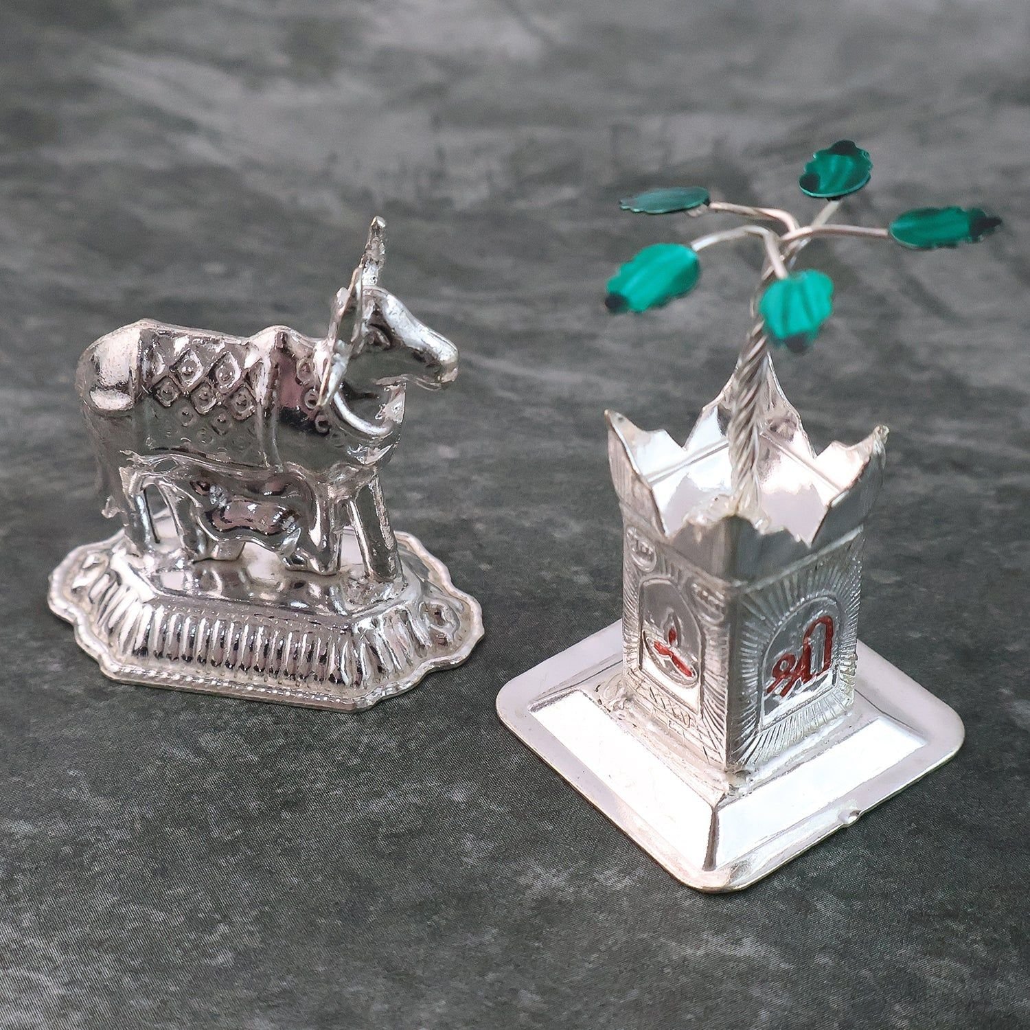 Silver-Plated Kamdhenu Cow & Tulsi Plant Pair – Pooja & Home Décor - Image 3