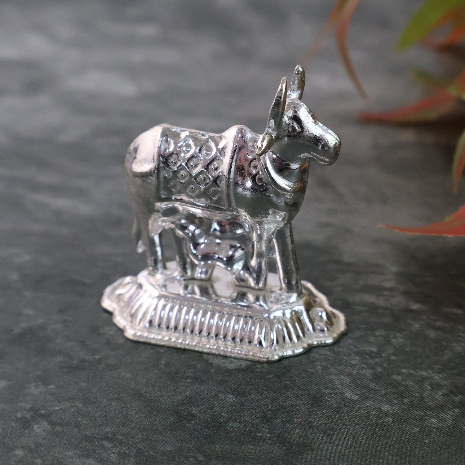 Silver-Plated Kamdhenu Cow & Tulsi Plant Pair – Pooja & Home Décor - Image 4