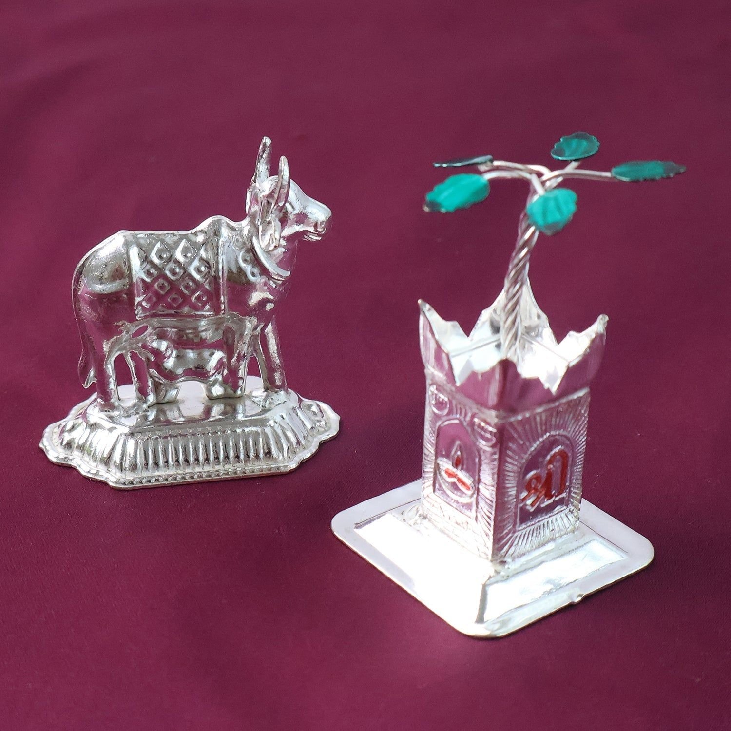 Silver-Plated Kamdhenu Cow & Tulsi Plant Pair – Pooja & Home Décor - Image 8