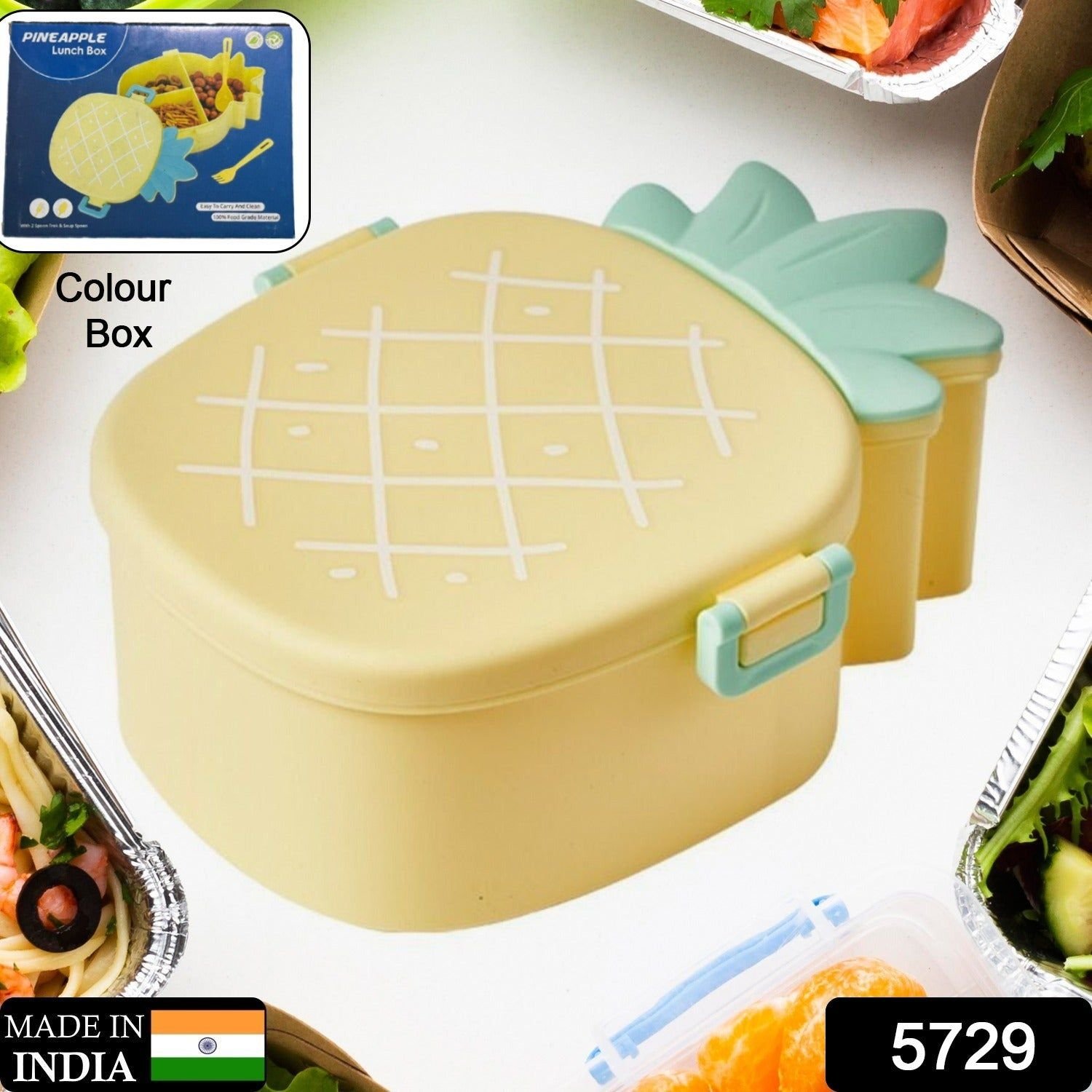 Kids Lunch Box Cute Pineapple Shaped Bento Box with Fork Spoon Snack Container Microwave Portable Office Lunch Box (1 Pc / With Spoon, Fork & Color Bo - Image 2