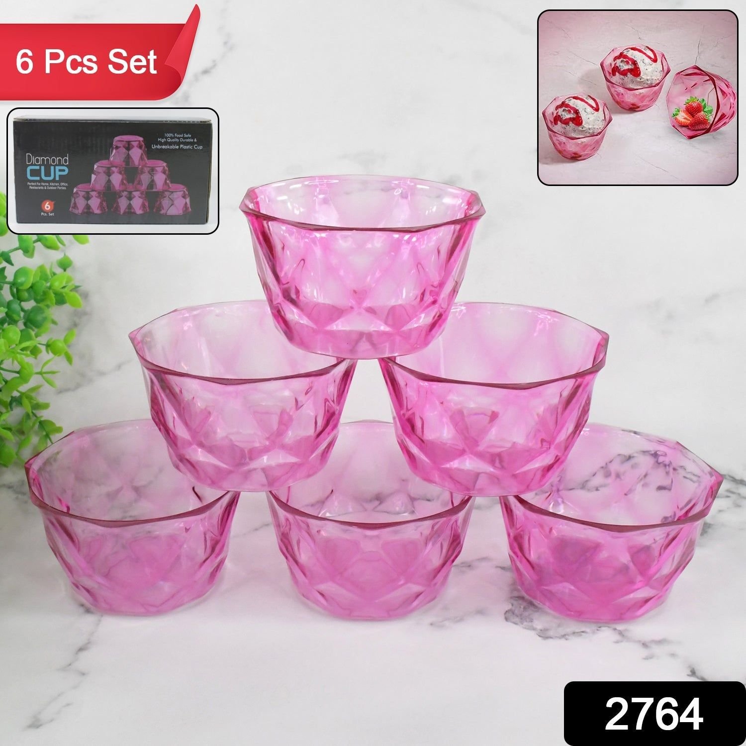6pc Diamond shape ice cream bowl set | Assorted Colour - Image 2